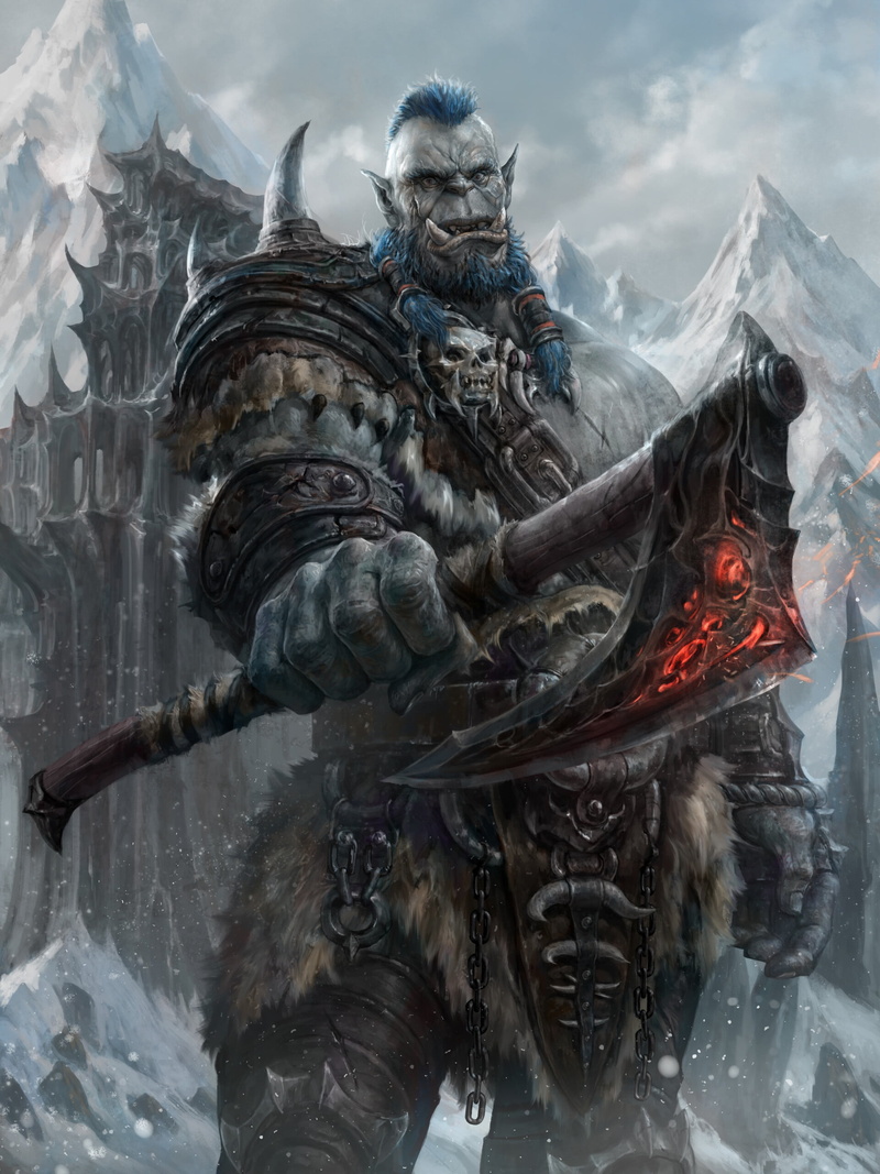 orcs, fantasy art, blue hair, weapon, standing, artwork, axes, warrior, snow, 2K