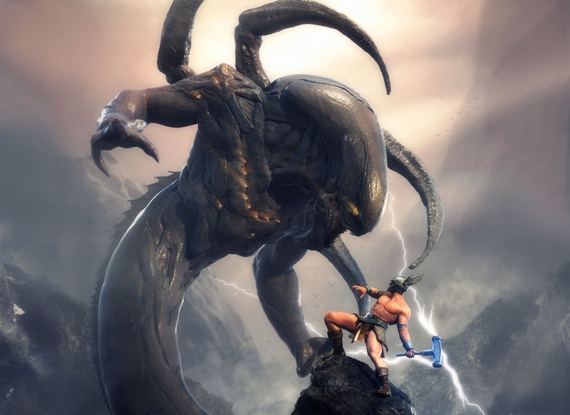 monster, the battle, riding, human, Thor, zipper, animal, battle, adventure, fantasy, day, sport, motion, real people, illustration, 2K, representation