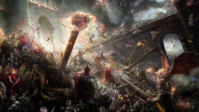 army, 1080P, weapons, art, siege, battle, warrior, fantasy, castle, destruction