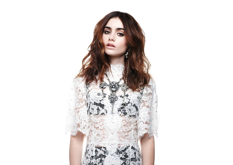 teenager, brunette, 1080P, women, front view, cut out, fashion, young adult, portrait, s, lace, Lily Collins, white, girl, actress, casual clothing, young women