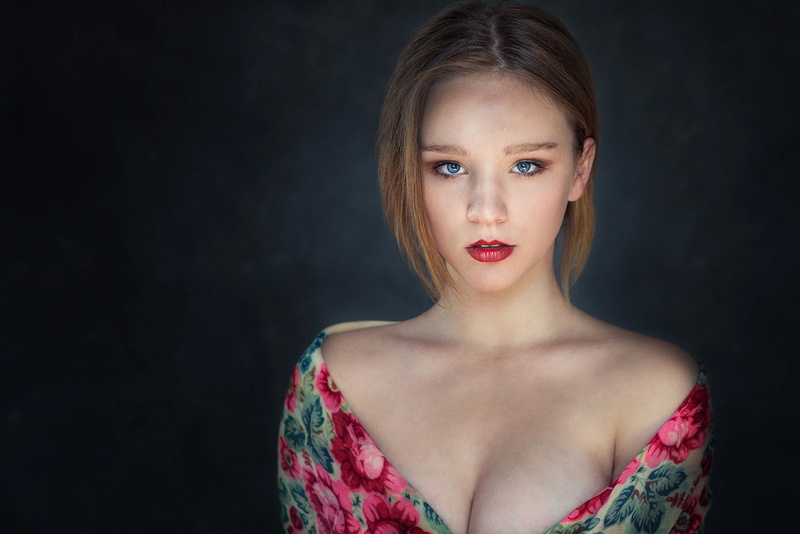 looking at camera, women, red lipstick, black background, portrait, Anton Parsons, front view, make-up, indoors, headshot, neckline, young women, s, beauty