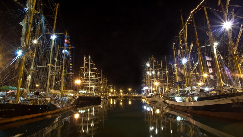 1080P, sail, night, vintage, ships, harbor, sail ships, lights, calm, boats