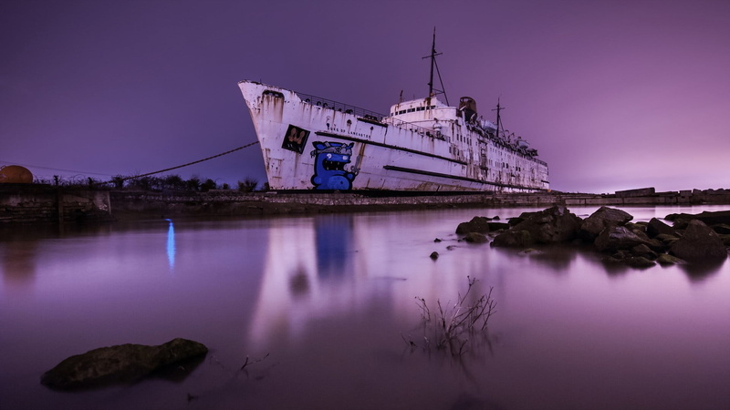 Duke of Lancaster, transportation, city, graffiti, night, rust, long exposure, sea, chains, dusk, sky, architecture, building exterior, metal, purple, ship