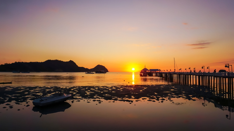 transportation, reflection, scenics - nature, silhouette, tranquil scene, golden, sea, float, idyllic, beach, water, nature, dawn, indonesia, sunset, sunrise