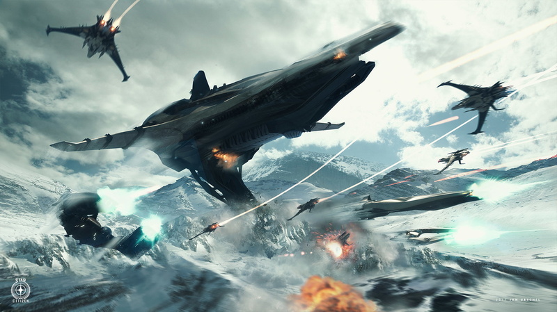 sky, Explosion, clouds, fantasy Art, 1080P, drawing, nature, mountains, spaceship, Flying, digital art, Star Citizen, Jan Urschel, video games