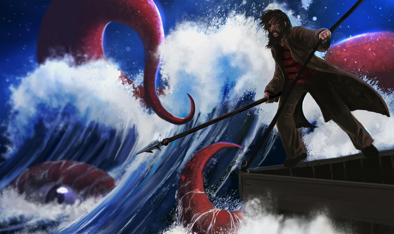 Fantasy, Harpoon, Wave, 1080P, Man, Sea Monster