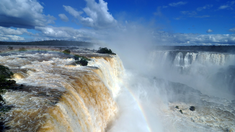 waterfalls, clouds, 2K, falls, wate, brazil, rainbow, great, nature, iguazu, mist