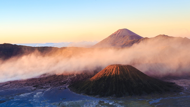 white, environment, wate, fog, outdoors, ranges, beauty in nature, sun, travel destinations, mountain range, sunrise - dawn, sky, clouds, 4K, volcanic crater