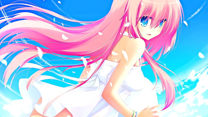 low angle view, pink color, indoors, day, blue eyes, anime, clothing, water, Megurine Luka, anime girls, sea, close-up, blue, illuminated, multi colored