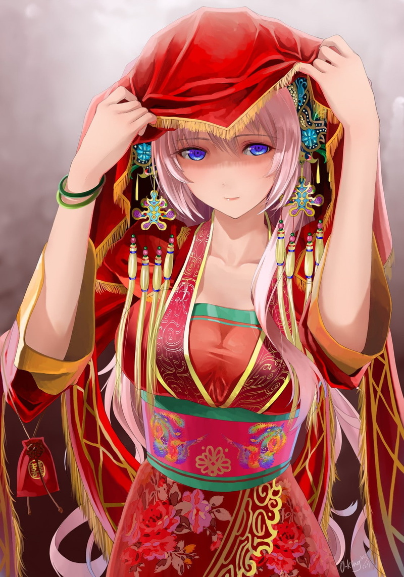 adult, red, Vocaloid, portrait, anime, event, blue eyes, celebration, okingjo, Japanese clothes, headwear, Megurine Luka, long hair, pink hair, young adult