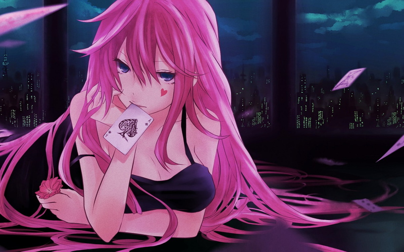 anime girls, cards, Megurine Luka, blue eyes, pink hair, manga, black dress, playing cards, Vocaloid, 720P, anime