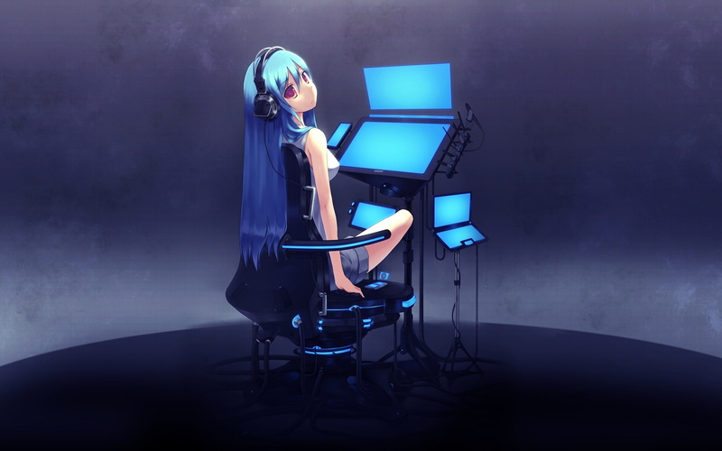 tie, ph, girl, 1080P, cats, skirts, hd, eyes, art, anime, geek, blue, glasses, Computers, headphones, uniform, hot, books, laptops