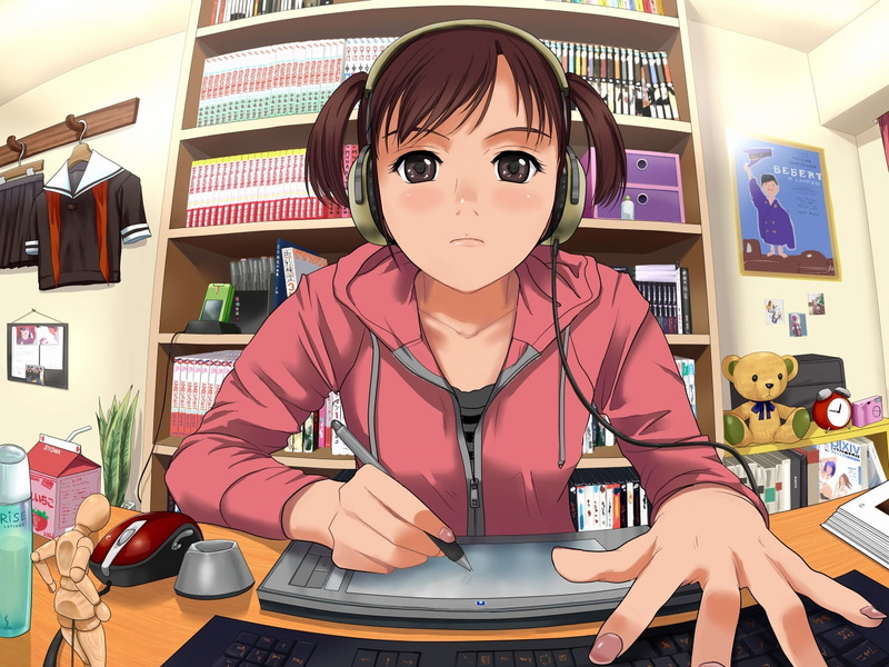 anime, anime girl, using, hd, books, art, school uniform, girl, 720P, blushing, computer, headphones