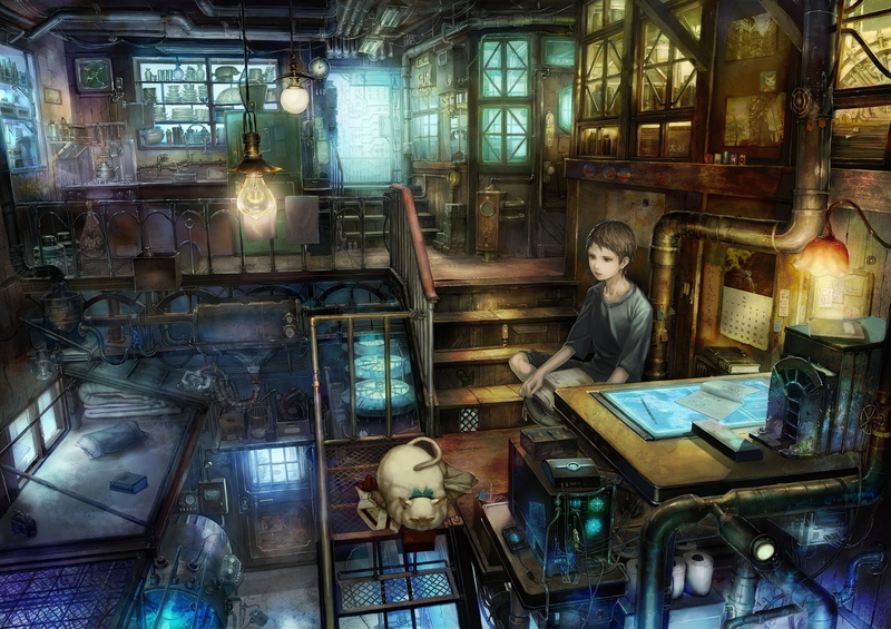 hd, boy, kitchen, hai, work, books, technology, brunettes, animals, computers, lamps, 720P, short, art, steampunk, room, eyes, cats, brown