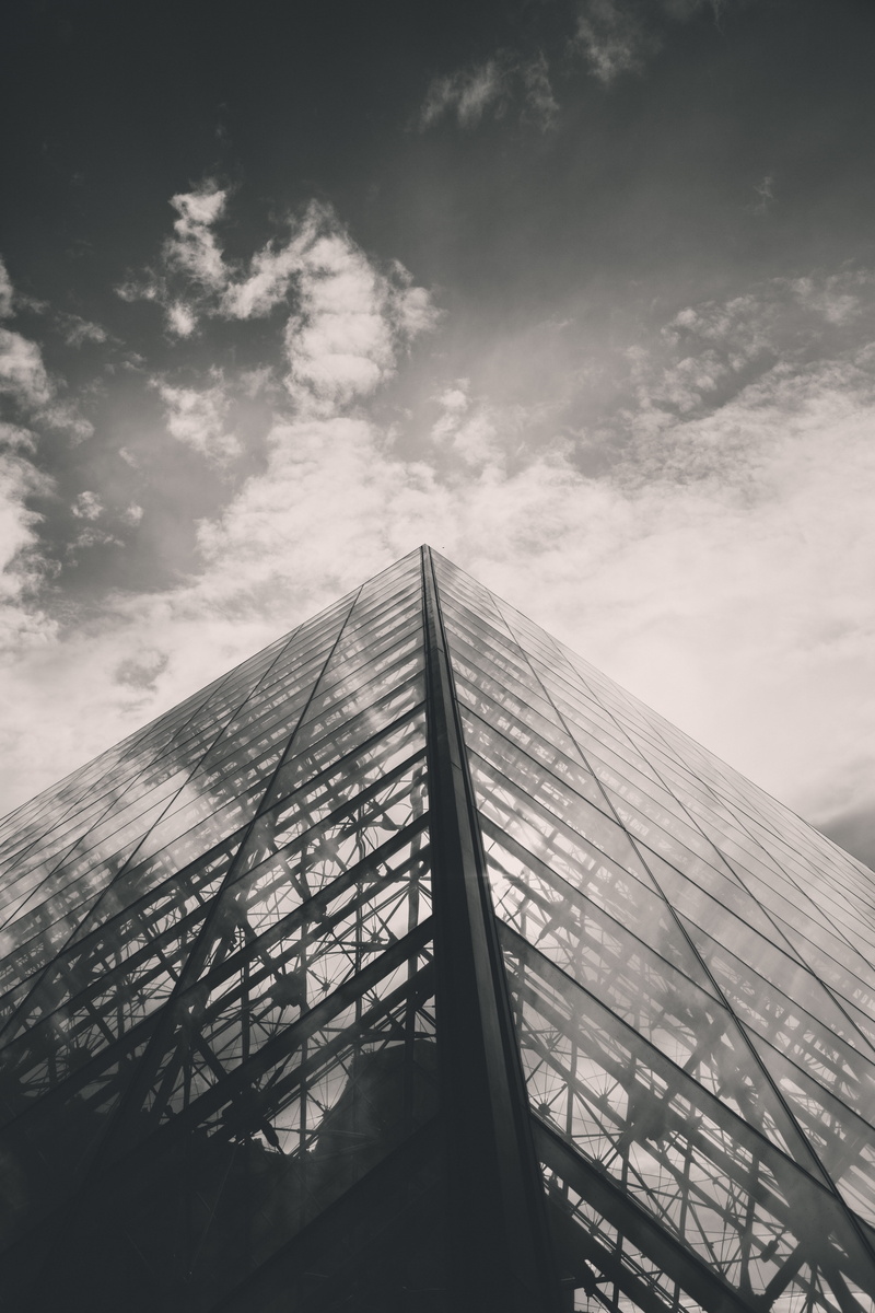 contemporary, sky, connection, painting, symbol, bridge, pyramide, france, paris, louvre, glass, no people, low angle view, cloud - sky, building exterior