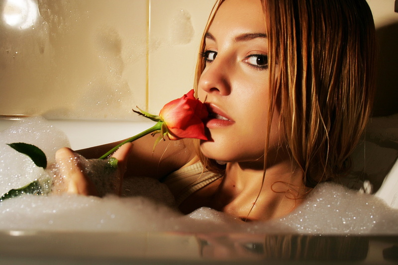 women, young women, domestic bathroom, flowers, brunette, headshot, beauty, domestic room, portrait, home, healthy eating, bathing, bathroom, one person