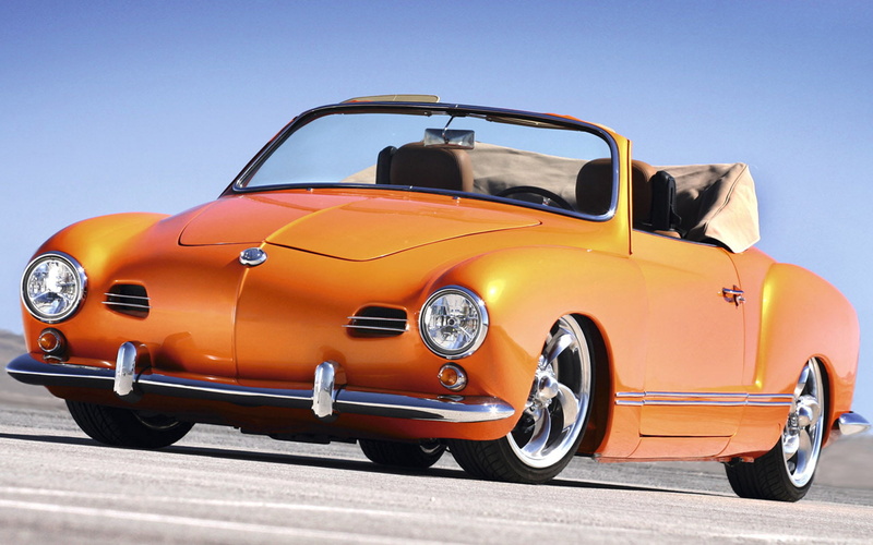 Karmann Ghia, blue, outdoors, Stance, road, land vehicle, 720P, yellow, stationary, landscape, architecture, retro styled, transportation, taxi, mode of transportation