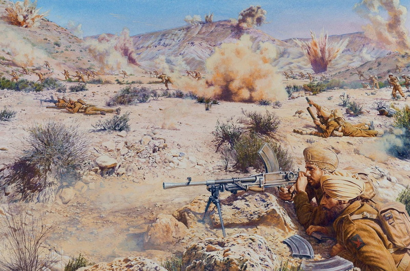 guns, stones, sand, explosions, shots, mortar, troops, art, Africa, war, 1943год, the Indians, British, line Maret, 1080P, soldiers, painting, battle