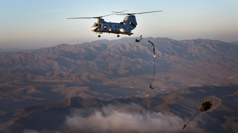 U.S. Marine, landing force, troops, CH-46, landing, сargo helicopter, 4K, Vertol, Boeing, Sea Knight