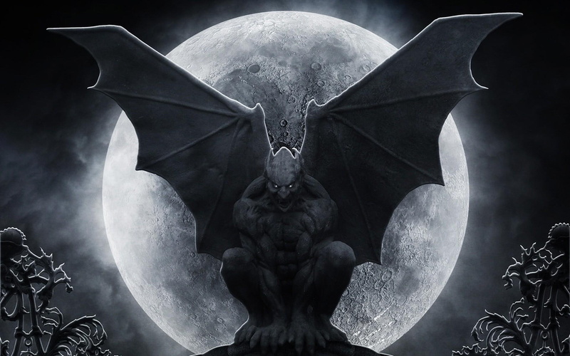 gothic, gargoyle, moon, 3d and abstract, full, 1080P