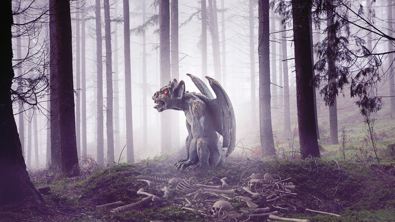 tranquility, 2K, statue, mystical, tree trunk, gargoyle, no people, animal themes, skull, animal, land, coniferous tree, mammal, forest, trunk, day, one animal