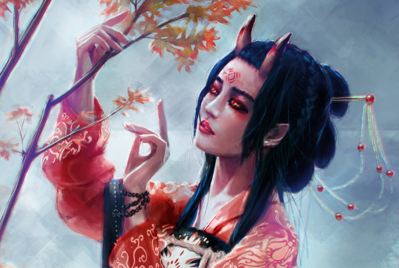 Asian, horns, succubus, fantasy girl, 2K, fantasy art
