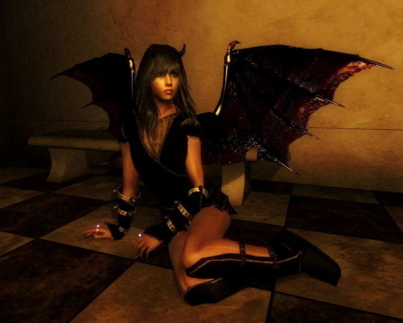 fantasy girl, clothing, one person, wings, succubus, sitting, real people, hairstyle, beautiful woman, flooring, CGI, 720P, young adult, front view, women