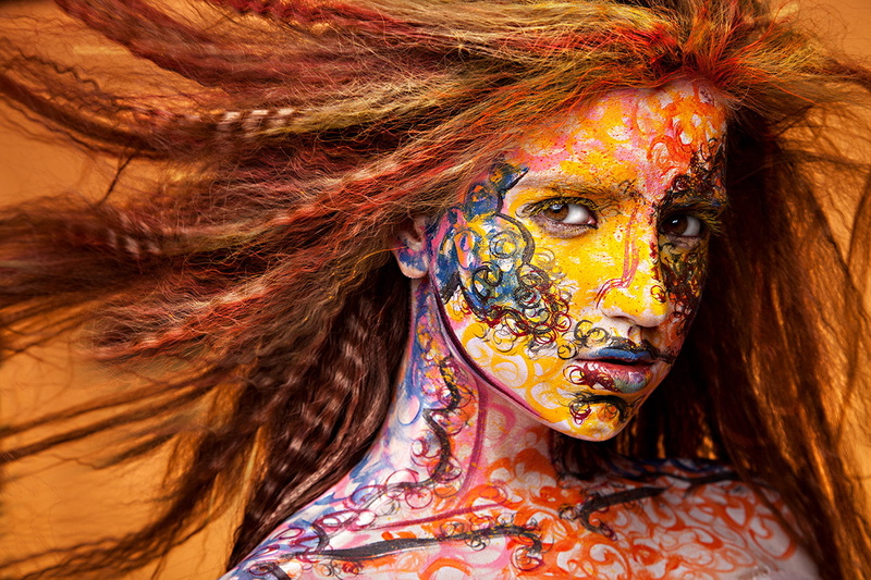 face, colorful, one person, looking at camera, headshot, women, ornate, 720P, disguise, close-up, hairstyle, beautiful woman, Dmitriy Sandratsky, outdoors