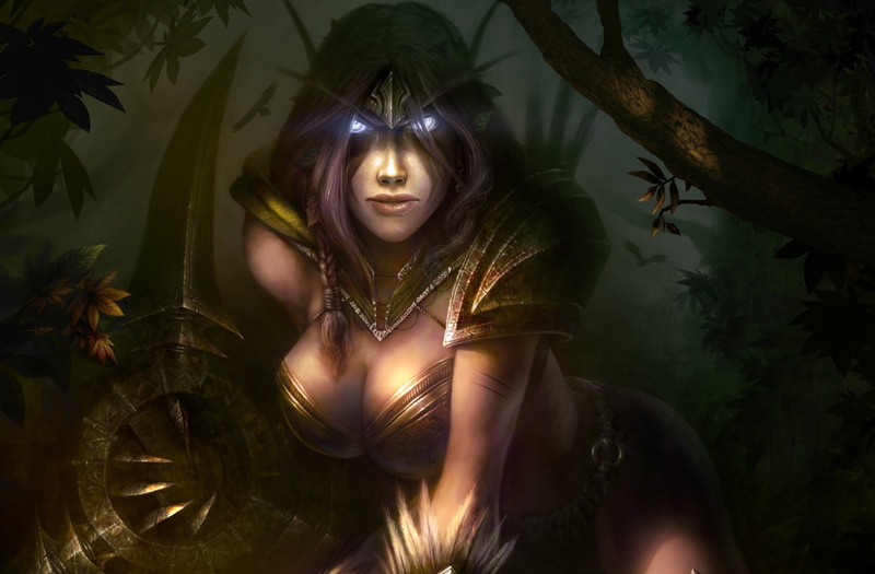 1080P, art, world of warcraft, wow, elf, Dmitriy Prozorov, weapons, forest, ears