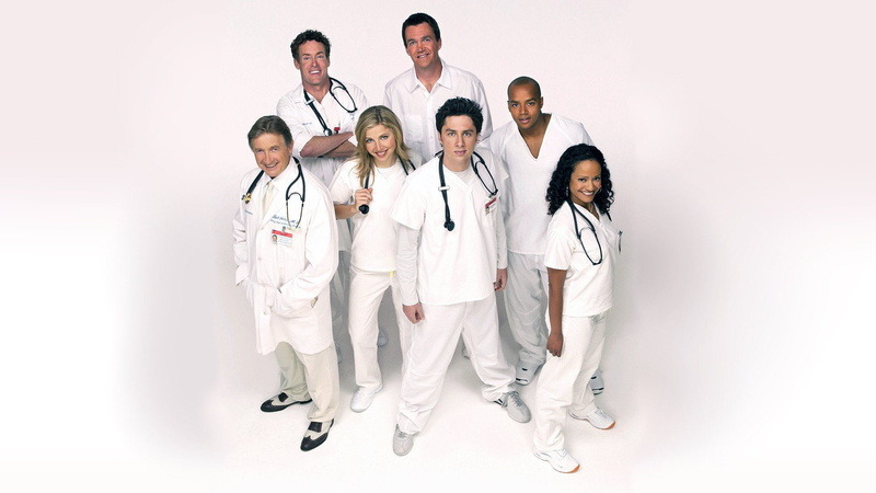 Donald Faison, Carla Espinosa, group of people, Elliot Reid, medical equipment, Ken Jenkins, John C. Mcginley, 1080P, Neil Flynn, Janitor (Scrubs), full length