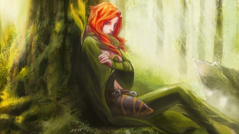 windrunner, tree, redhead, hd, drawing, dota, video games, wind, bottom, painting, ranger, 720P, sitting