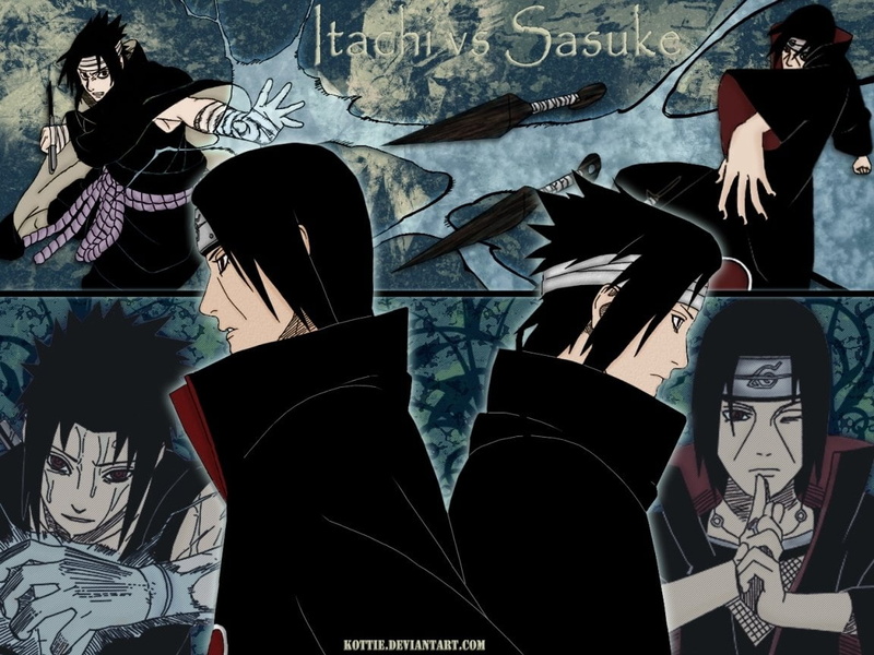  close-up, art and craft, Anime, Naruto, versus, human representation, text, Sasuke Uchiha, male likeness, nature, 480P, day, Itachi Uchiha
