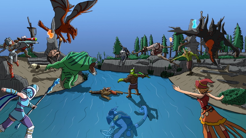 built structure, 1080P, outdoors, illustration, game, tree, asia, river, art, sculpture, day, radiant, dota 2, lake, dire, representation, transportation