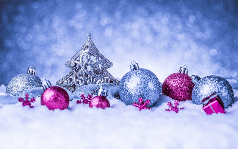 three, selective focus, 2K, christmas tree, snow, Christmas ornaments , gray, christmas decoration, winter, celebration, closeup, purple, tree, no people
