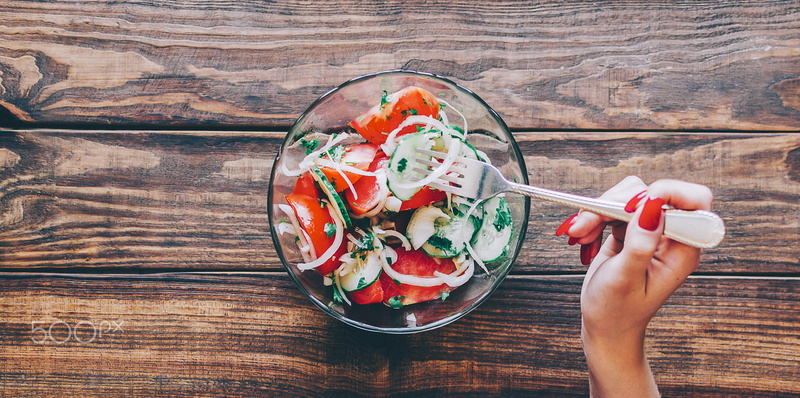 fork, salad, meal, real people, food and drink, bowl, painted nails, 500px, directly above, finger, lifestyles, human body part, eating utensil, one person