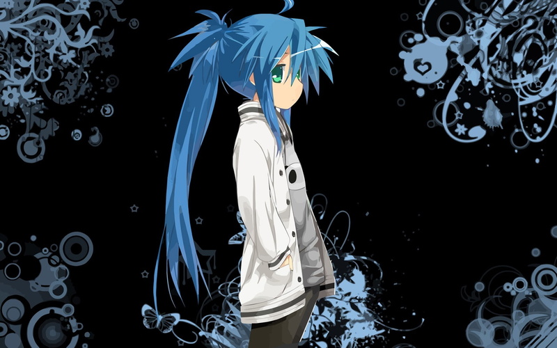 bubble, indoors, blue hair, lifestyles, Lucky Star, 720P, nature, pattern, art and craft, water, studio shot, anime, black background, shape, one person