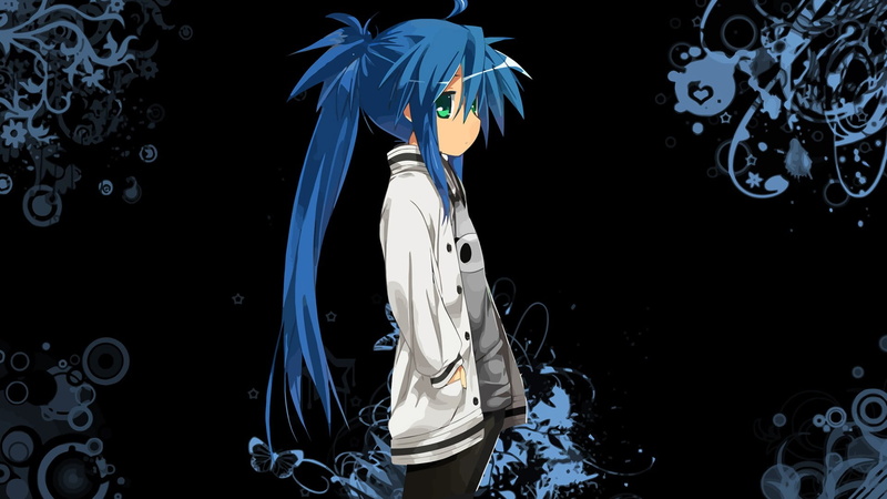 front view, black background, anime girls, blue hair, blue, bubble, three quarter length, indoors, leisure activity, Lucky Star, adult, lifestyles, standing