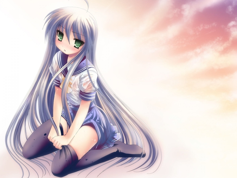 Izumi Konata, 1080P, blue hair, manga, anime girls, thigh-highs, Lucky Star
