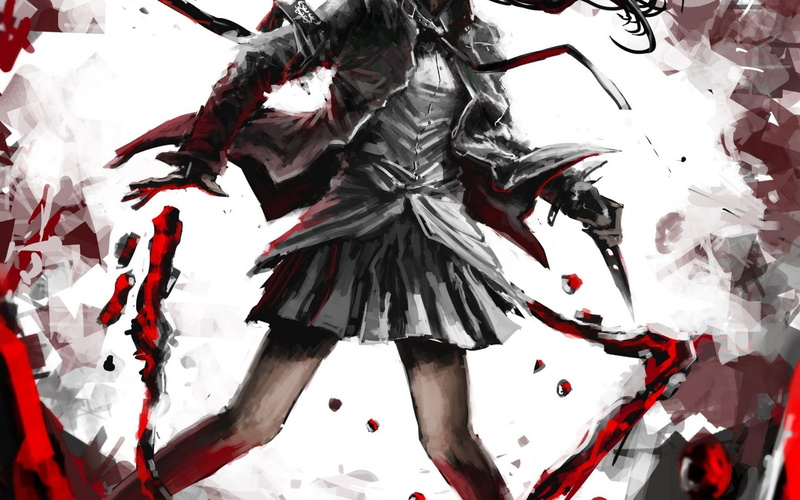 anime, anime girls, blood, digital, digital art, 2K, girls, knife, art