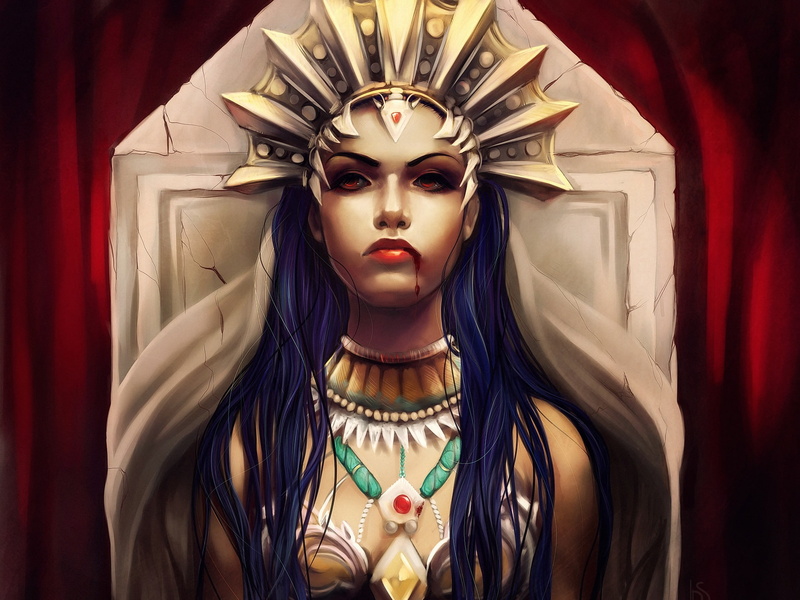 Girl, Background, Blue, Hair, Crown, Red, Fantasy, 1080P, Blood