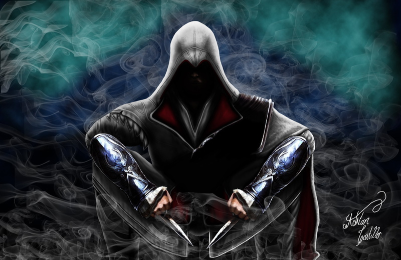 one Person, young adult, killer, people, poster, obscured face, Assassins Creed Brotherhood, clothing, concepts, portrait, knives, men, relaxation, smoke - physical structure