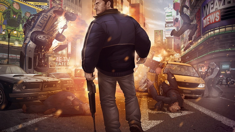 motor vehicle, land vehicle, Grand theft auto, architecture, one person, Niko bellic, men, street, City, car, city life, rear view, mode of transportation