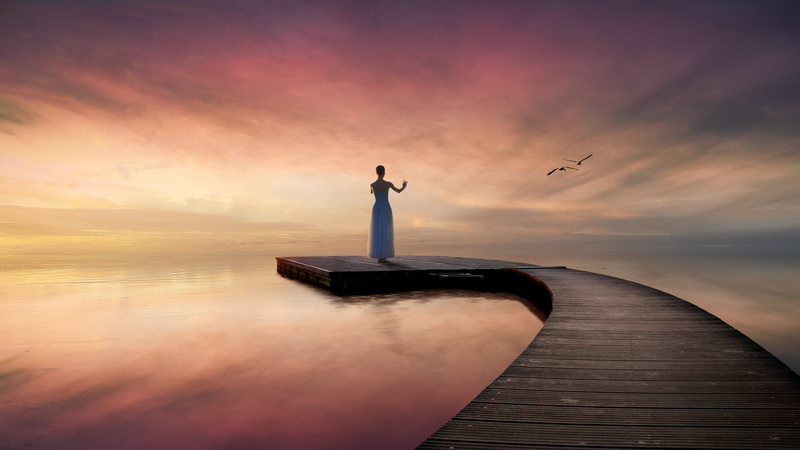 human arm, cloud - sky, one person, sunset, water, lighthouse, 1080P, digital art, animal themes, arms raised, nautical vessel, standing, bird, pier, Nikos Bantouvakis