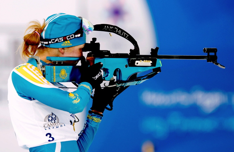 young adult, clothing, white, aiming, competition, target shooting, 2K, holding, vest, gun, adult, Khrustalev, Asian, 2011, blue, Biathlon, Asian games