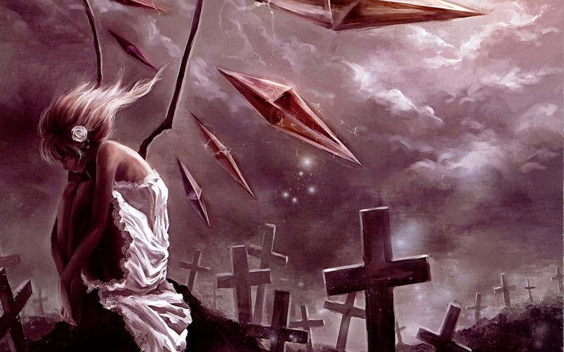 realistic, crowdesu, rose, 1080P, scarlet, fantasy, white, studio, moon, zun, flandre, touhou, hair, short, flower, artbook, night, world, wings, cross