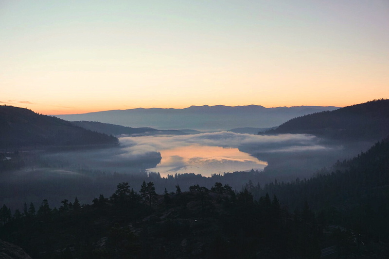 nature, mountain range, environment, orange color, sky, scenics - nature, horizon, mountain, no people, hazy, donner lake, sunrise, silhouette, mountains