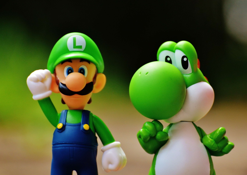 studio shot, arcade game, colorful, classic, mario, children, mushroom kingdom, figures, funny, toy, close-up, cartoon, 4K, go pokemon, marios brother luigi