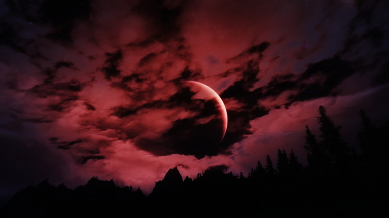 clouds, 1080P, video games, in-game, red moon, The Elder Scrolls V: Skyrim, Roleplaying, nature, ENB, RPG, The Elder Scrolls, Moon, screen shot, night