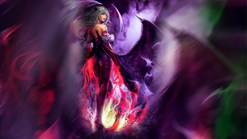 front view, Morrigan Aensland, fantasy girl, hair, costume, unrecognizable person, young adult, multi colored, purple, motion, celebration, Darkstalkers