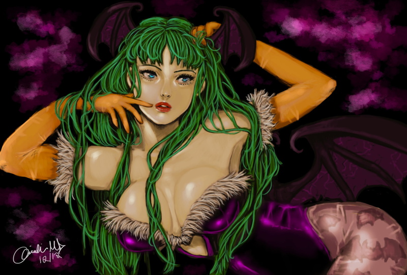 Morrigan Aensland, pose, gloves, look, art, wings, hair, astrozombiesss, girl, 1080P